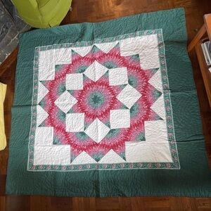 Vintage patchwork quilt broken star quilt with roses pink green handmade 8 point